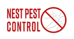 nest pest control logo with name of company and insect crossed out
